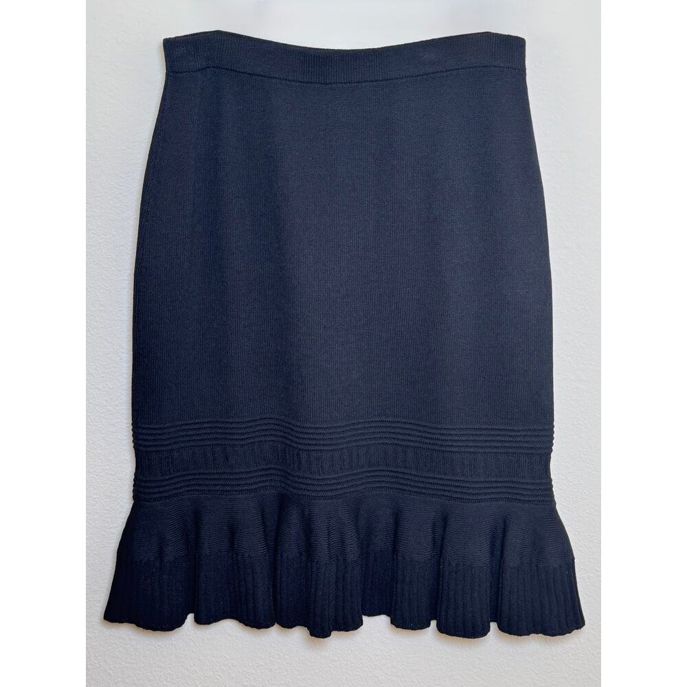 St John Collection Santana Knit Pencil Skirt Ruffle Hem Navy Size 12 Classic